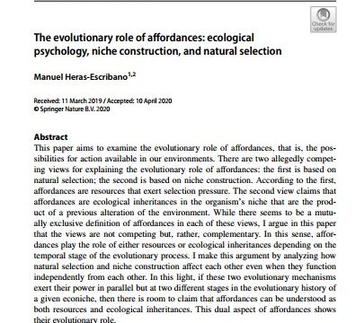Manuel HerasEscribano: “The evolutionary role of affordances: ecological psychology, niche construction, and natural selection”, 22 April