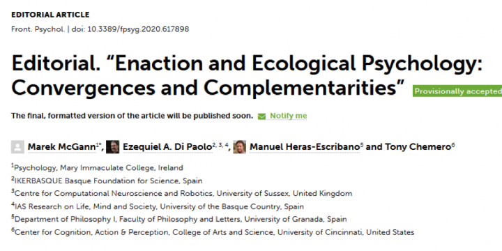 Manuel Heras Escribano: «Special issue sobre Psicología Ecológica y Enactivismo en Frontiers in Psychology»