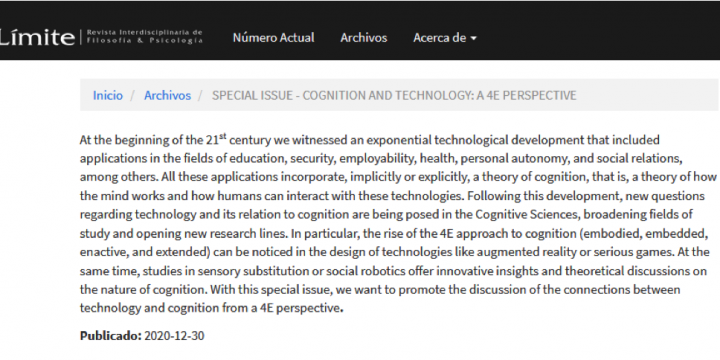 Manuel Heras-Escribano: Special issue sobre la relación entre la filosofía de la ciencia cognitiva 4E y la tecnología en la revista Límite