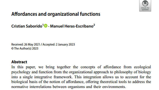 «Affordances and organizational functions» en Biology and Philosophy
